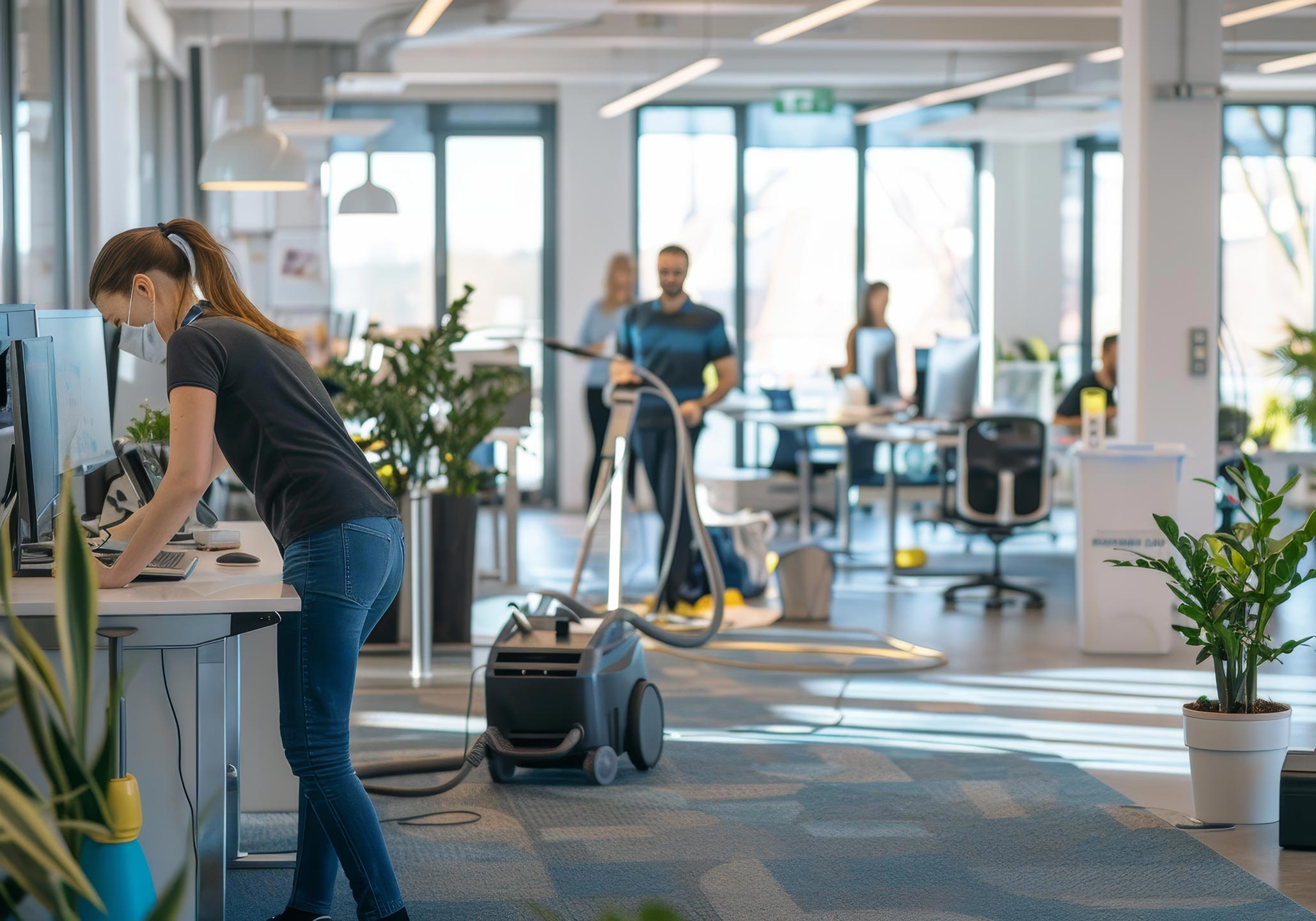 Best Practices for Commercial Cleaning Maintenance – Janitorial staff cleaning high-touch surfaces in commercial lobby